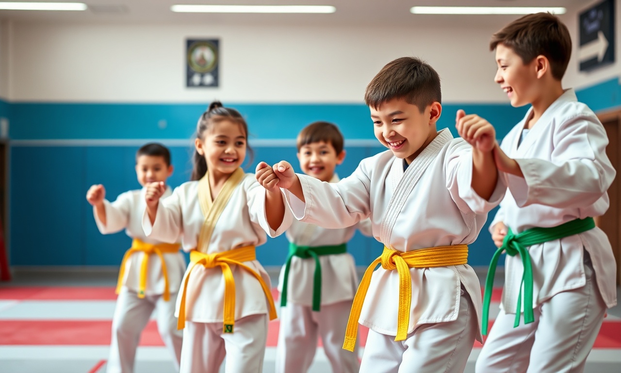 Çocuklar için taekwondo dersleri — minik öğrenciler antrenörle birlikte