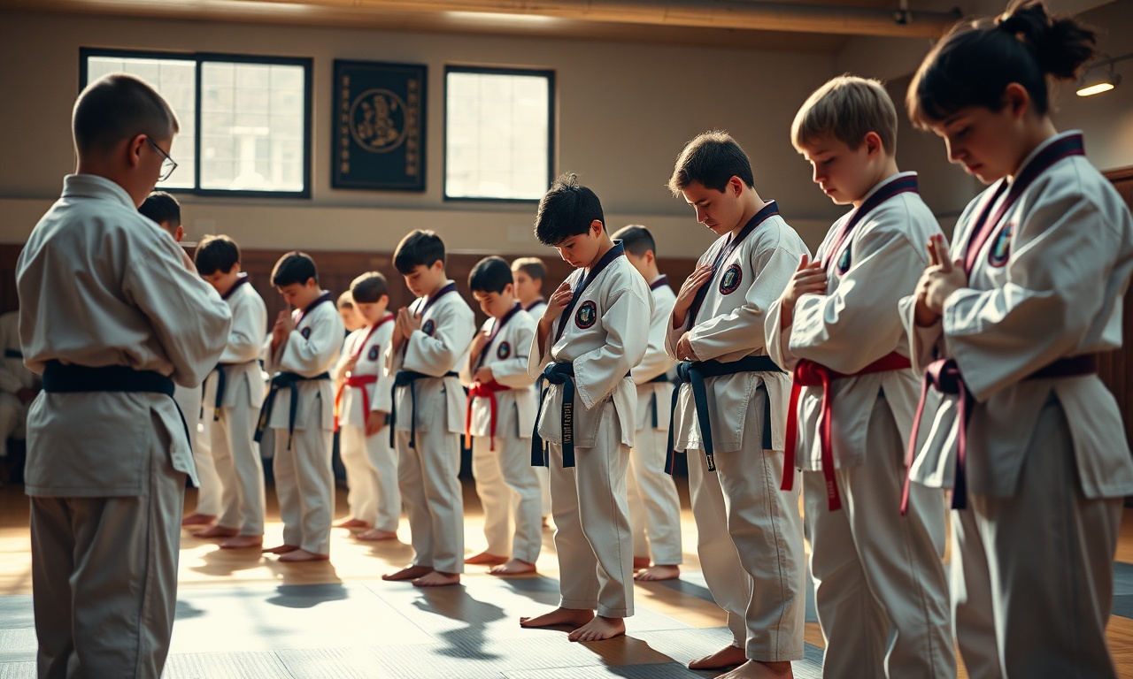 Taekwondo kuşak sınavı — farklı kuşak renklerindeki öğrenciler selam verirken