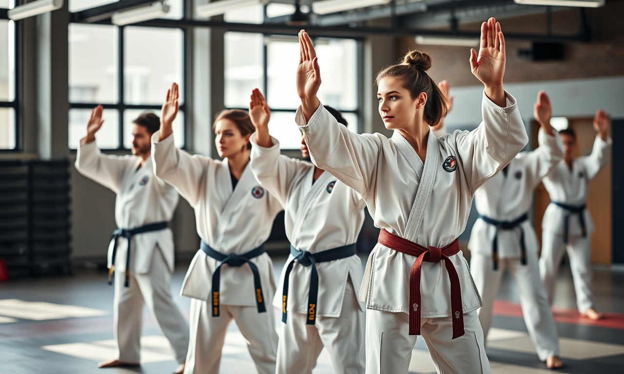 Yetişkinler için taekwondo kursu — kadın ve erkek sporcular antrenman yaparken
