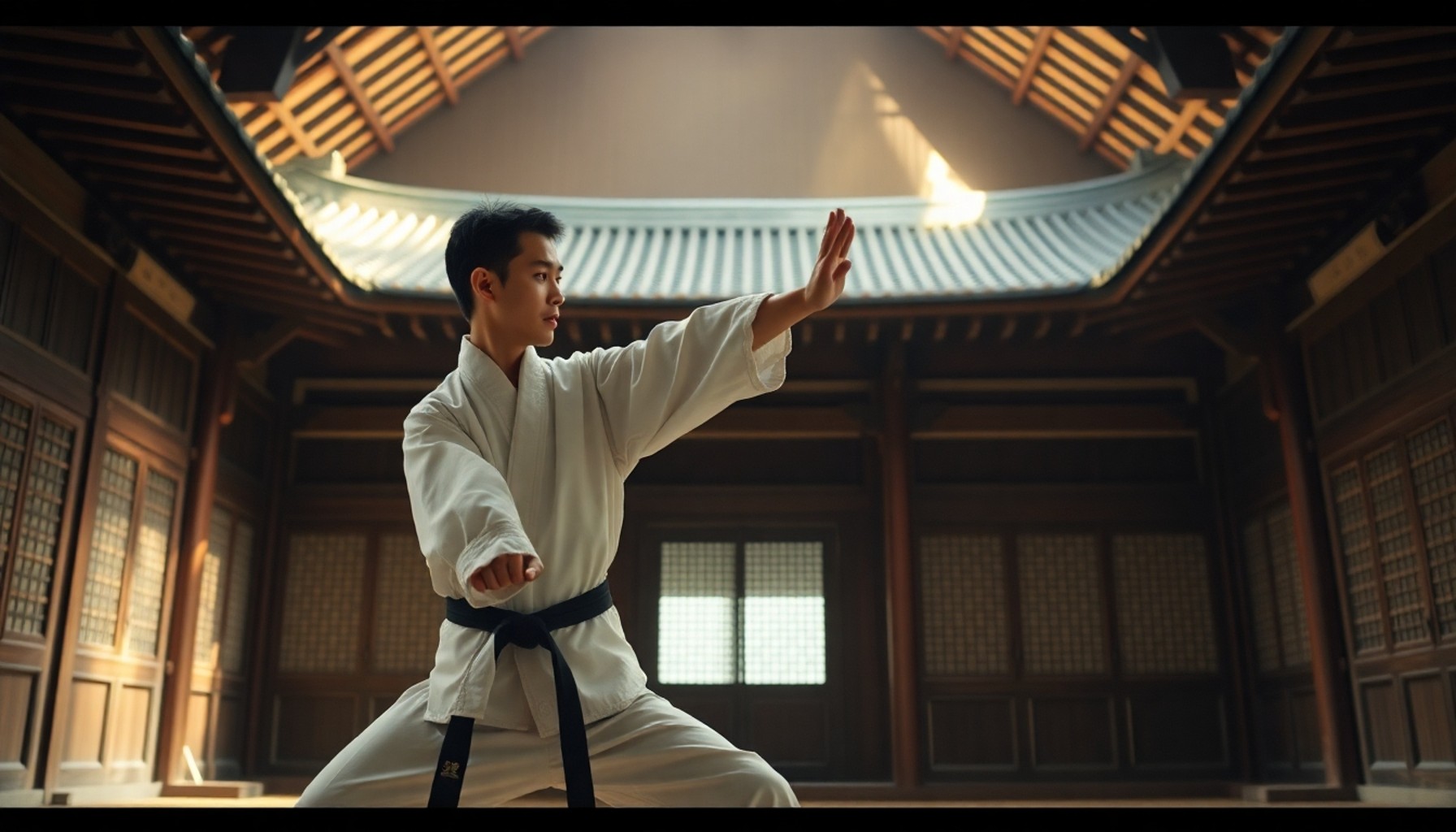 Taekwondo tarihçesi — geleneksel Kore dövüş sanatı, dobok giymiş usta