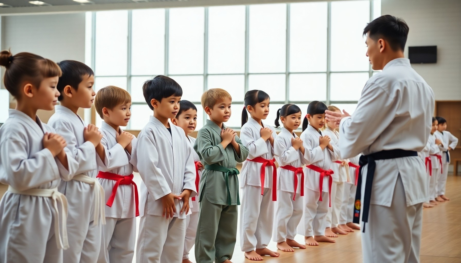 Çocuklar için taekwondo — salonda hocaya selam veren çocuk grubu