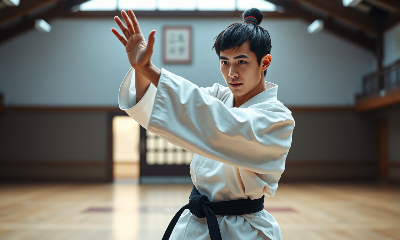 Taekwondo poomsae — dobok ve siyah kuşaklı sporcu form çalışması yaparken