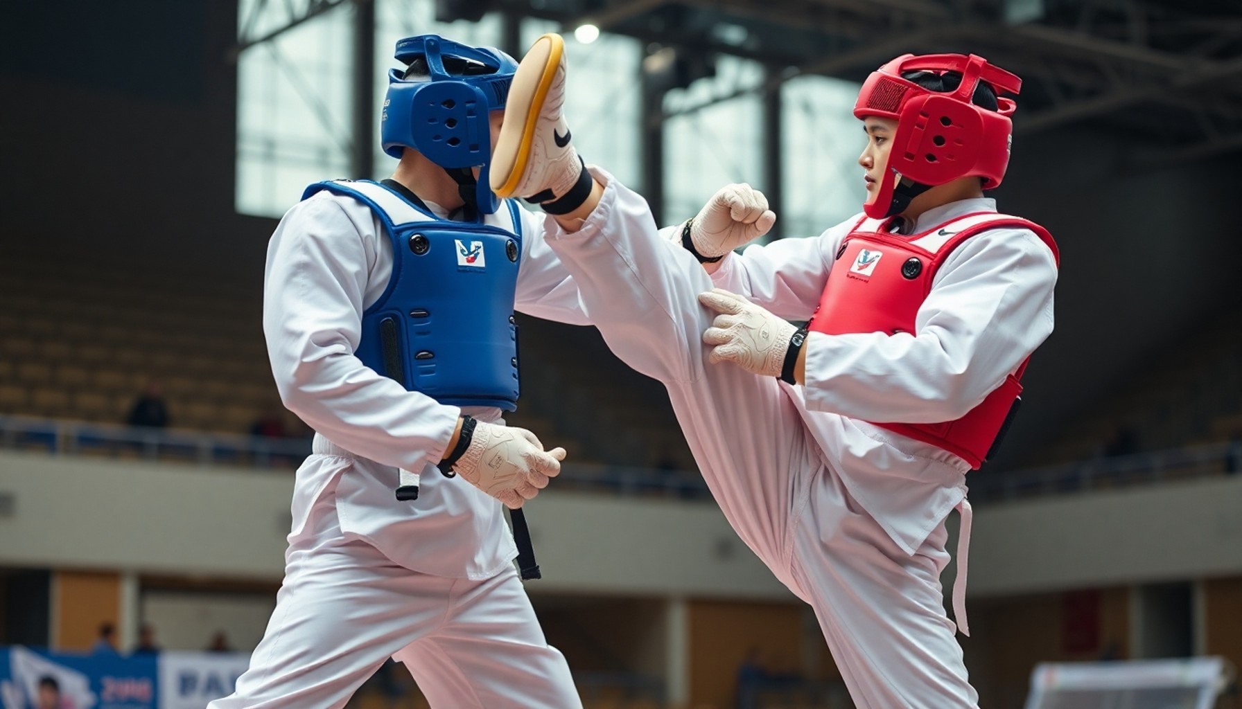 Taekwondo müsabakası gyeorugi — hogu ve kask giymiş iki sporcu